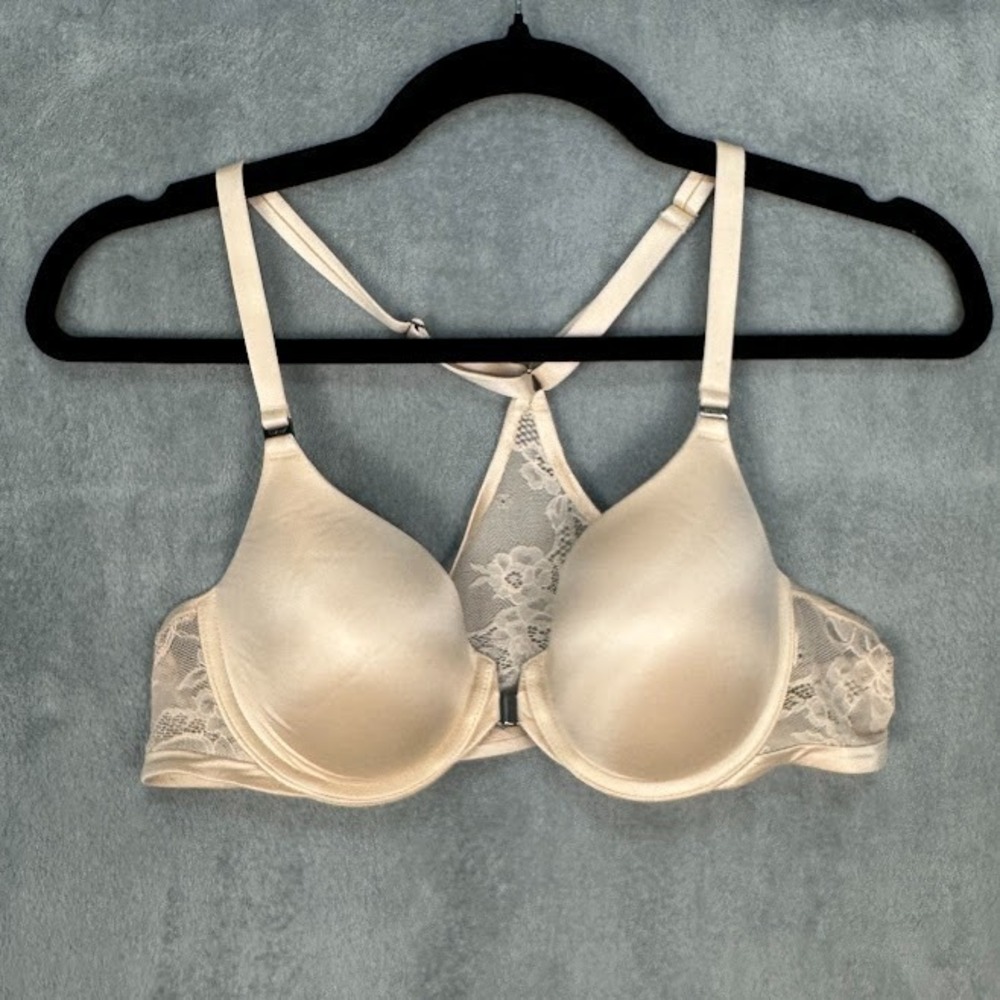 Spanx Pillow Cup Bra Womens 36B Beige Racerback Lace Underwire Front Closure